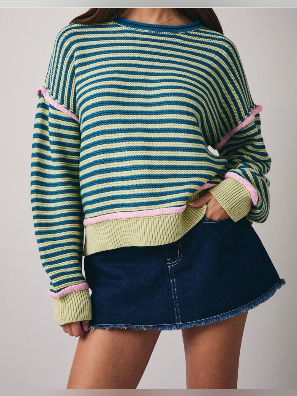 Roll Up Neck Long Sleeve Stripe Sweater Top